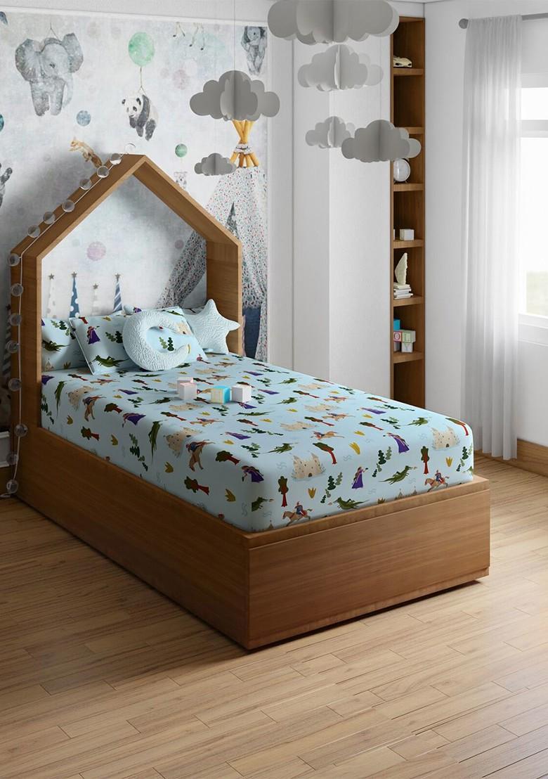 Blue And Yellow Printed Pure Cotton 200 Tc Single Bedsheet With 1 Pillow Cover