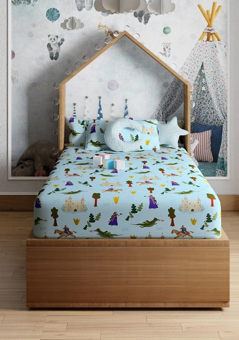 Blue And Yellow Printed Pure Cotton 200 Tc Single Bedsheet With 1 Pillow Cover