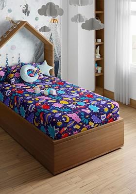 Navy Blue And Pink Printed Pure Cotton 200 Tc Single Bedsheet With 1 Pillow Cover