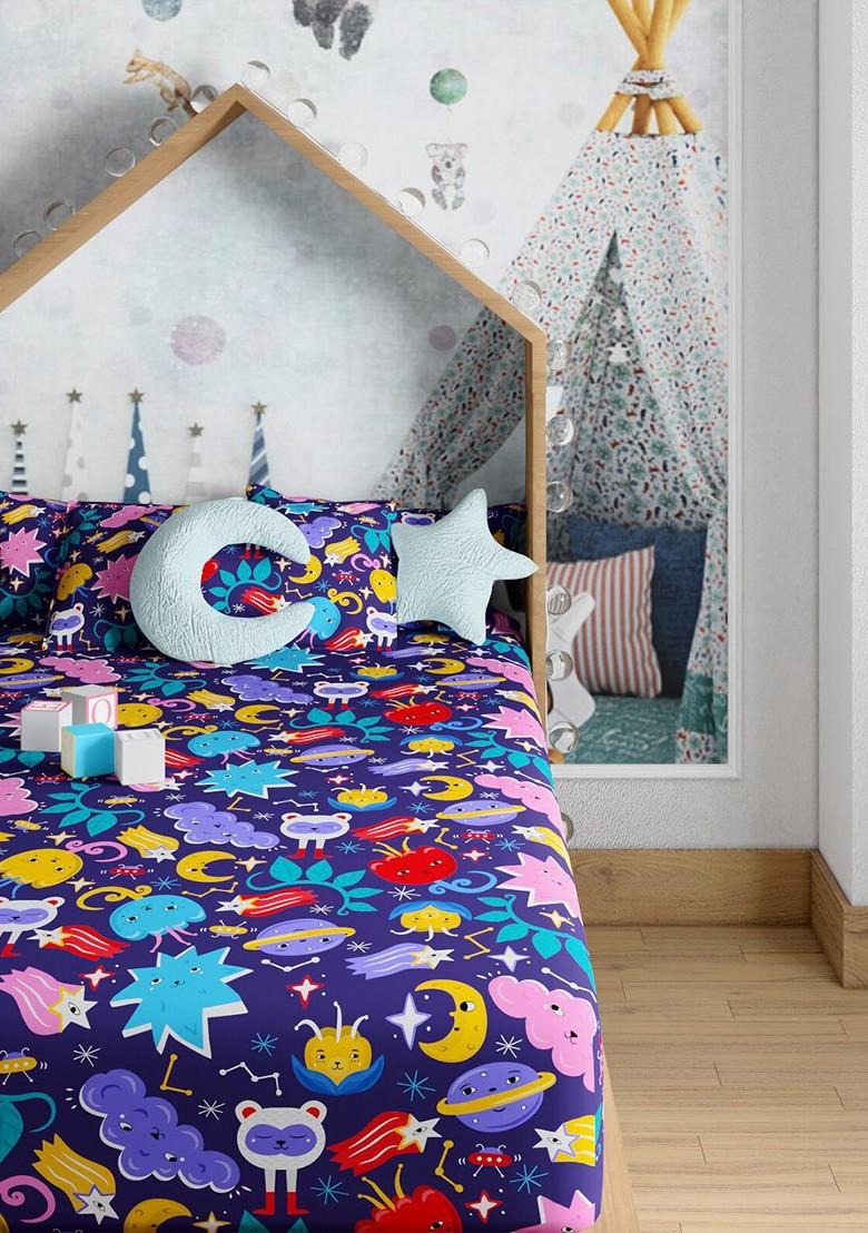 Navy Blue And Pink Printed Pure Cotton 200 Tc Single Bedsheet With 1 Pillow Cover