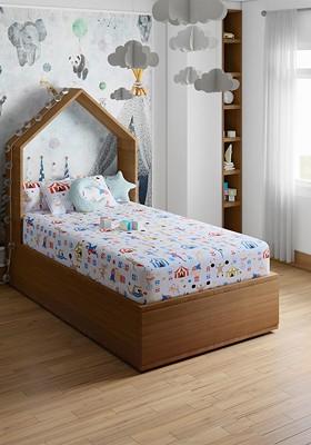 Blue And White Printed Pure Cotton 200 Tc Single Bedsheet With 1 Pillow Cover