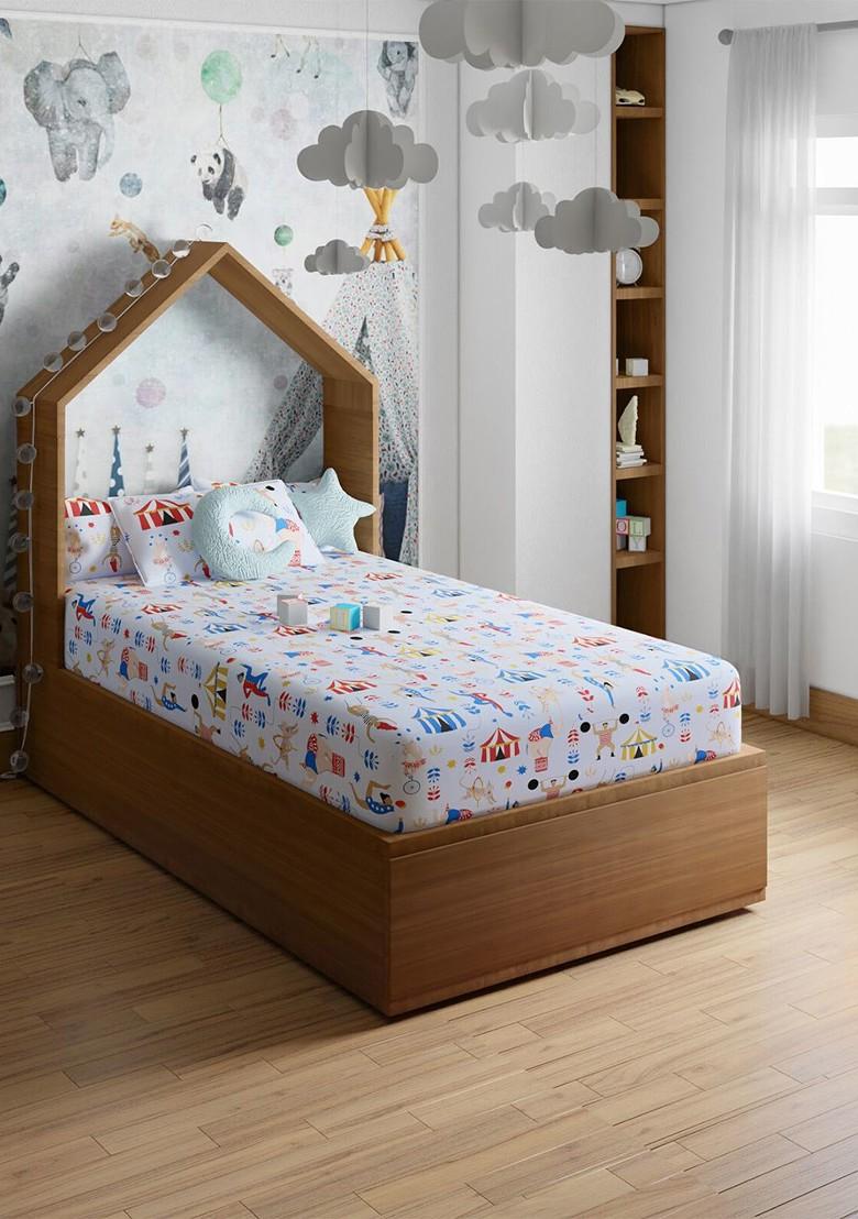 Blue And White Printed Pure Cotton 200 Tc Single Bedsheet With 1 Pillow Cover