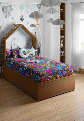 Grey And Blue Printed Pure Cotton 200 Tc Single Bedsheet With 1 Pillow Cover