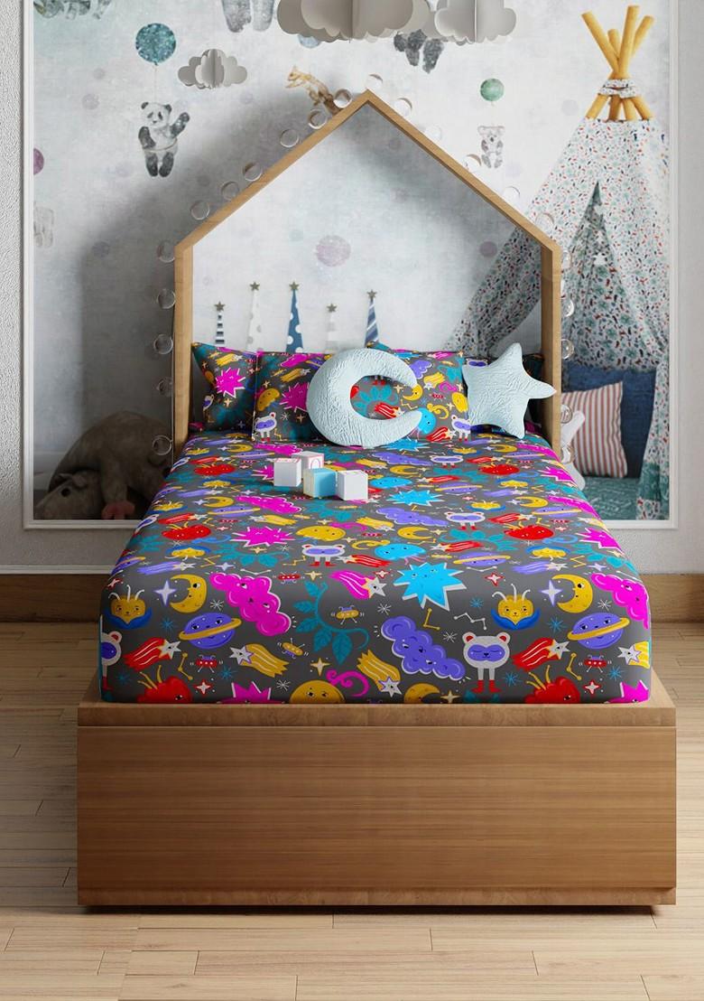 Grey And Blue Printed Pure Cotton 200 Tc Single Bedsheet With 1 Pillow Cover