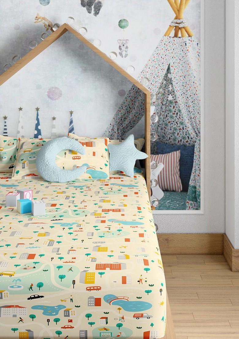 Yellow And Blue Printed Pure Cotton 200 Tc Single Bedsheet With 1 Pillow Cover