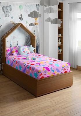 Pink And Red Printed Pure Cotton 200 Tc Single Bedsheet With 1 Pillow Cover