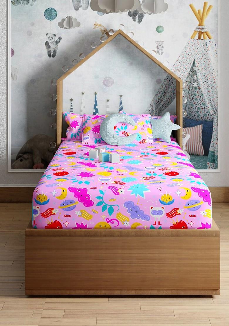 Pink And Red Printed Pure Cotton 200 Tc Single Bedsheet With 1 Pillow Cover