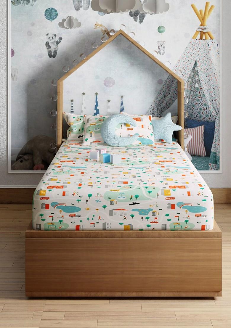 White And Blue Printed Pure Cotton 200 Tc Single Bedsheet With 1 Pillow Cover