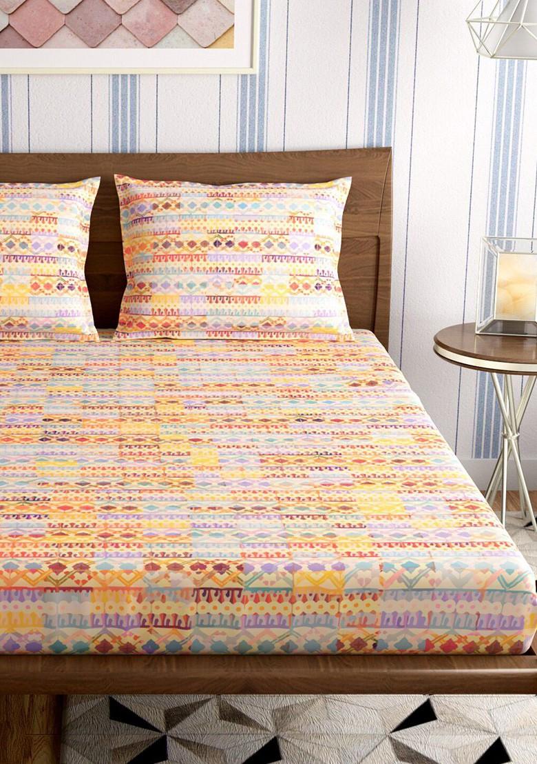 Jharokha Yellow And Purple 300 Tc Flat Cotton King Bedsheet And 2 Pillow Covers