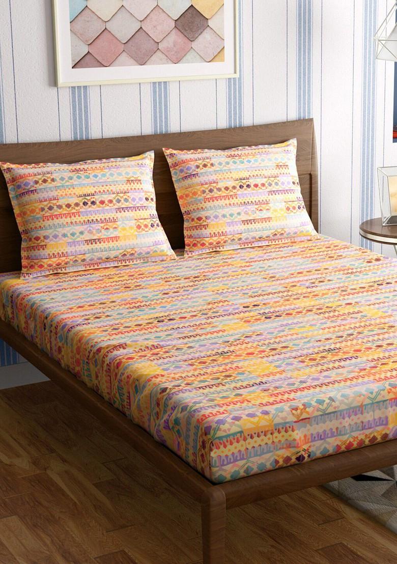 Jharokha Yellow And Purple 300 Tc Flat Cotton King Bedsheet And 2 Pillow Covers