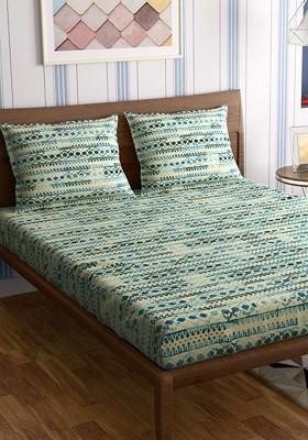 Jharokha Teal Blue 300 Tc Flat Pure Cotton Queen Bedsheet With 2 Pillow Covers
