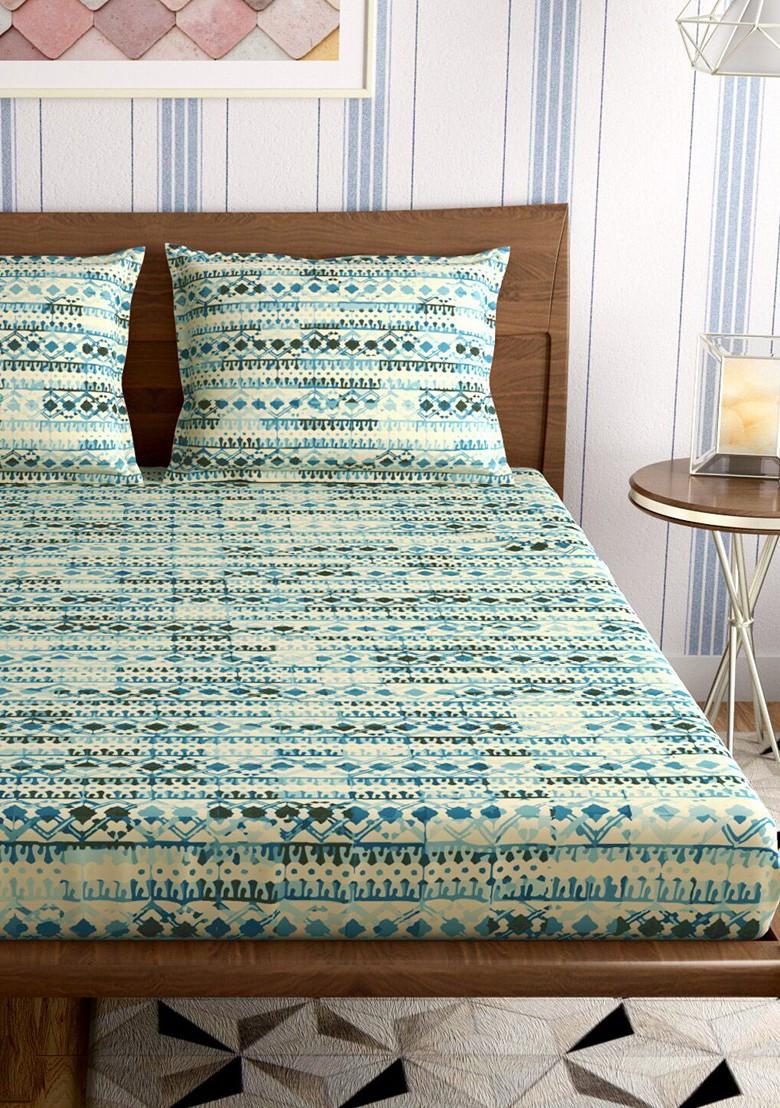 Jharokha Teal Blue 300 Tc Flat Pure Cotton Queen Bedsheet With 2 Pillow Covers