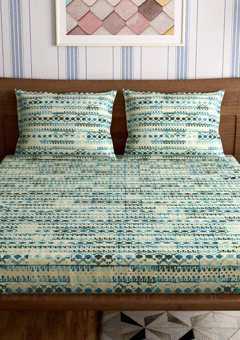 Jharokha Teal Blue 300 Tc Flat Cotton King Bedsheet And 2 Pillow Covers