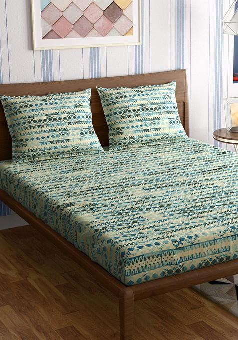 Jharokha Teal Blue 300 Tc Flat Cotton King Bedsheet And 2 Pillow Covers