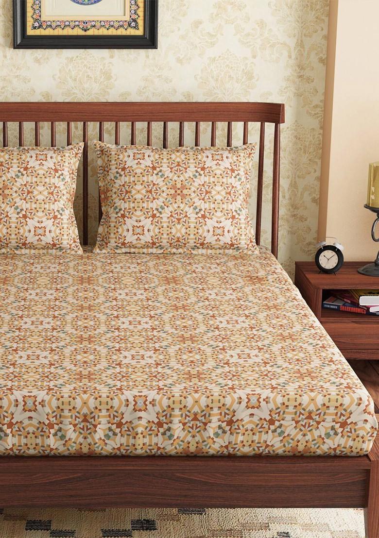 Yellow And Orange Floral 300 Tc Pure Cotton Queen Bedsheet With 2 Pillow Covers