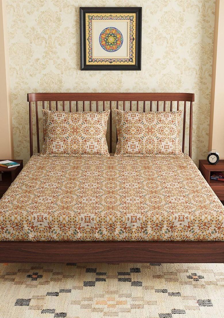 Yellow And Orange Floral 300 Tc Pure Cotton Queen Bedsheet With 2 Pillow Covers