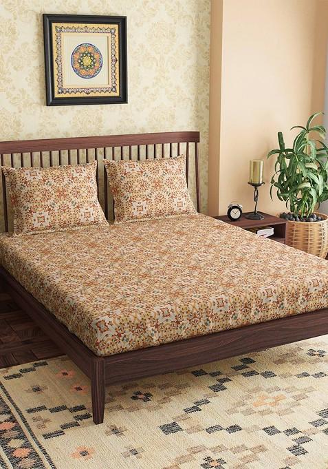 Yellow And Orange Floral 300 Tc Pure Cotton Queen Bedsheet With 2 Pillow Covers