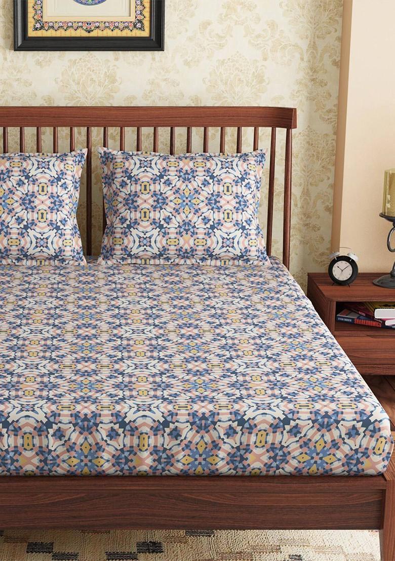 Blue And White Floral 300 Tc Pure Cotton King Bedsheet With 2 Pillow Covers