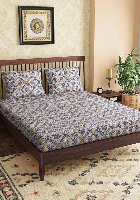 Blue And White Floral 300 Tc Pure Cotton King Bedsheet With 2 Pillow Covers