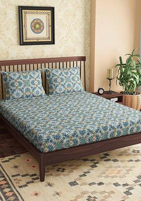 Teal And White Floral 300 Tc Queen Pure Cotton Bedsheet With 2 Pillow Covers