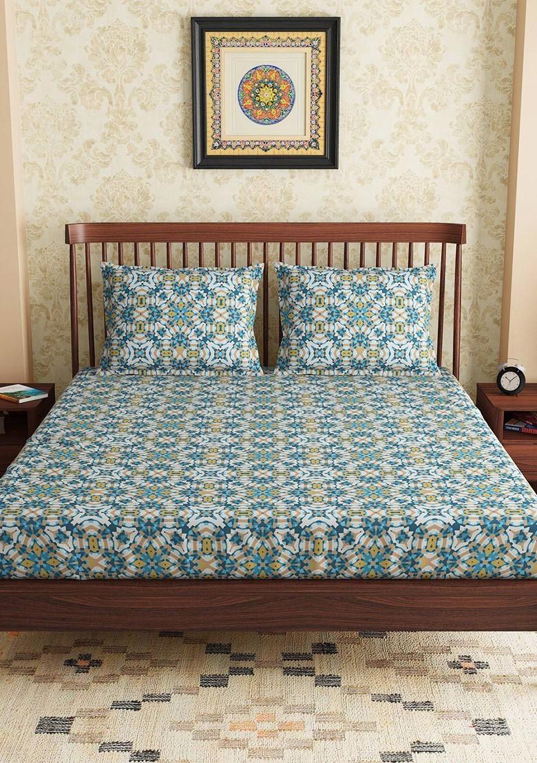 Teal And White Floral 300 Tc Queen Pure Cotton Bedsheet With 2 Pillow Covers