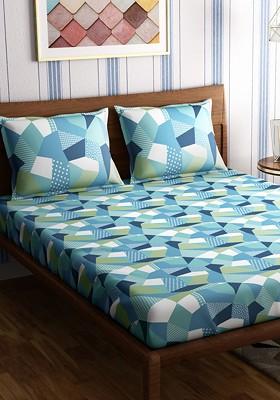 Origami Blue 300 Tc Cotton King Bedsheet With 2 Pillow Covers