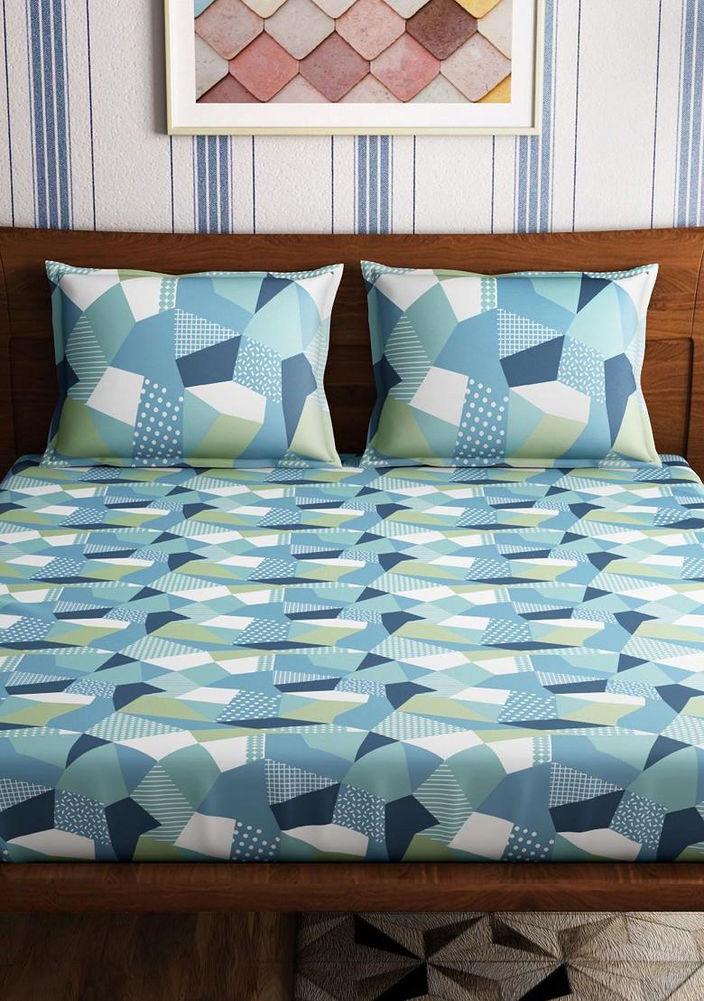Origami Blue 300 Tc Cotton King Bedsheet With 2 Pillow Covers