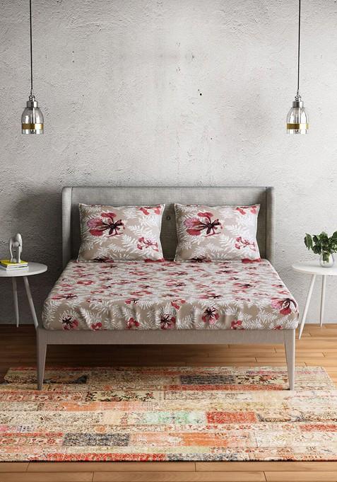 Beige And Magenta Floral 300 Tc Pure Cotton Queen Bedsheet With 2 Pillow Covers