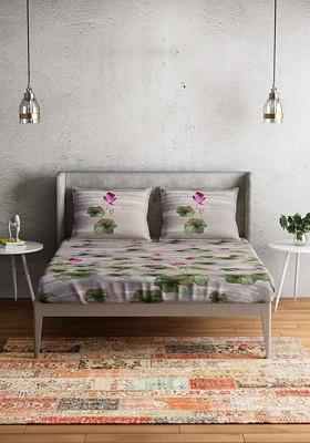 Beige And Green Floral 300 Tc Queen Bedsheet With 2 Pillow Covers