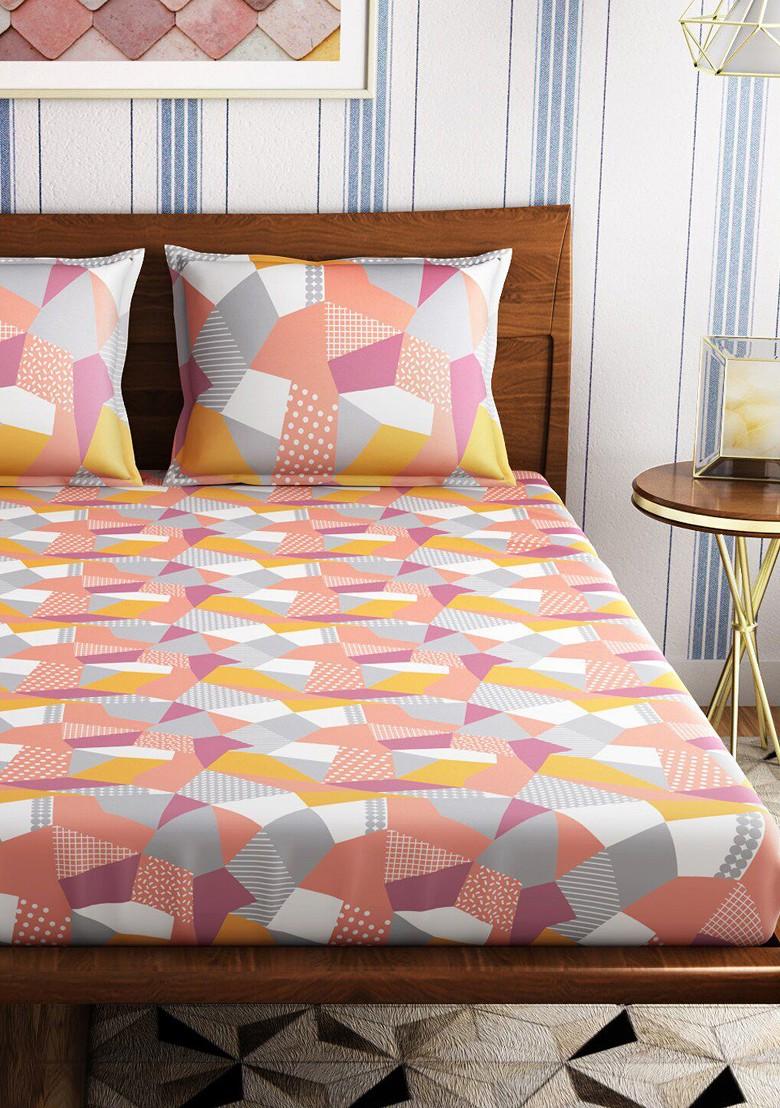 White And Yellow Origami 300 Tc King Bedsheet With 2 Pure Cotton Pillow Covers