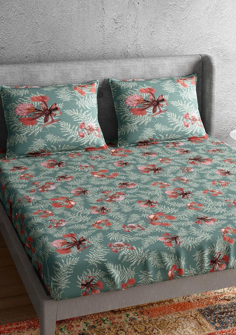 Grey And Red Floral Pure Cotton 300 Tc Queen Bedsheet With 2 Pillow Covers