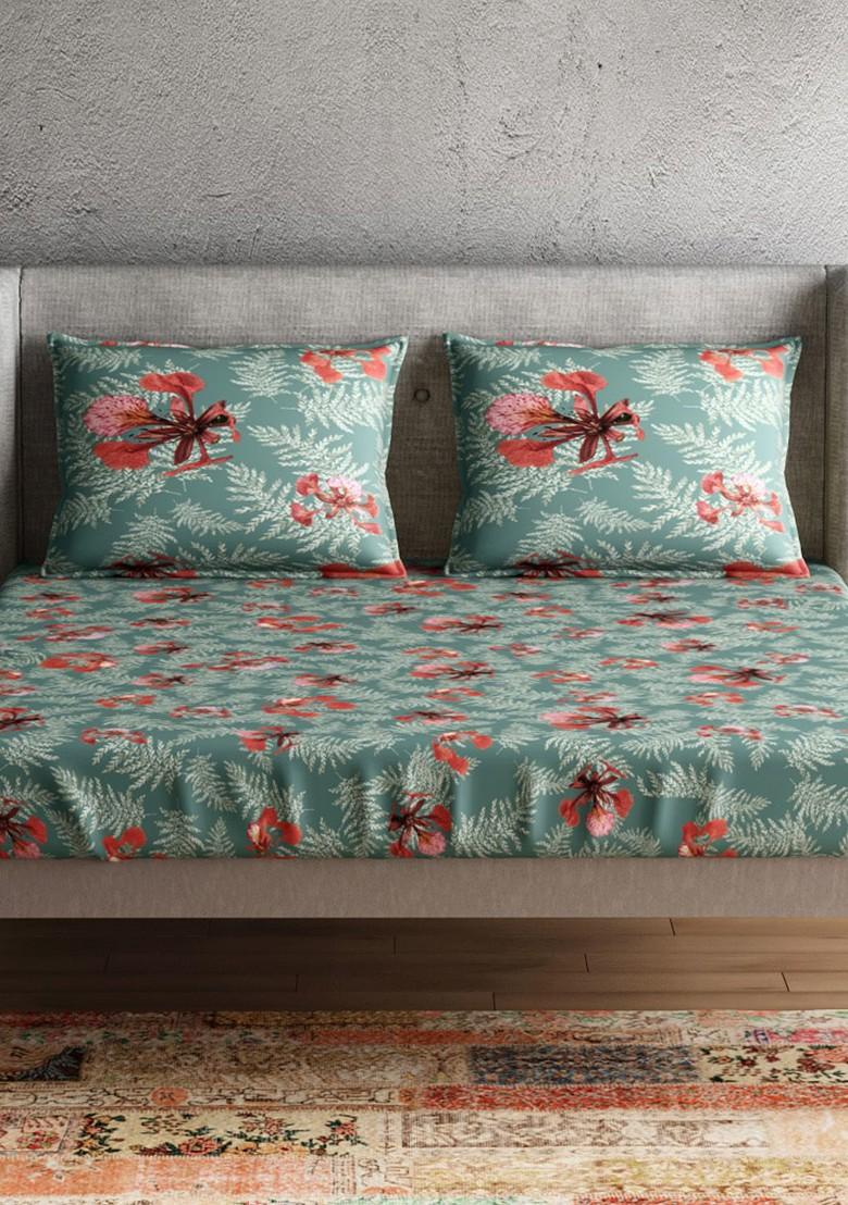 Grey And Red Floral Pure Cotton 300 Tc Queen Bedsheet With 2 Pillow Covers