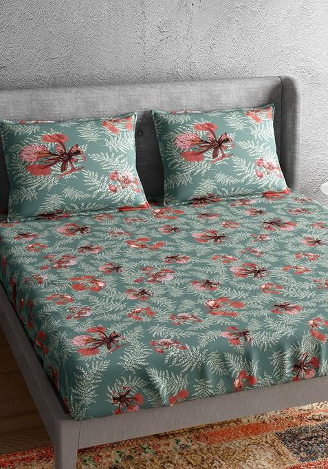 Grey And Red Floral Pure Cotton 300 Tc Queen Bedsheet With 2 Pillow Covers