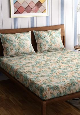Orange And Green Floral 300 Tc Queen Bedsheet With 2 Pillow Covers