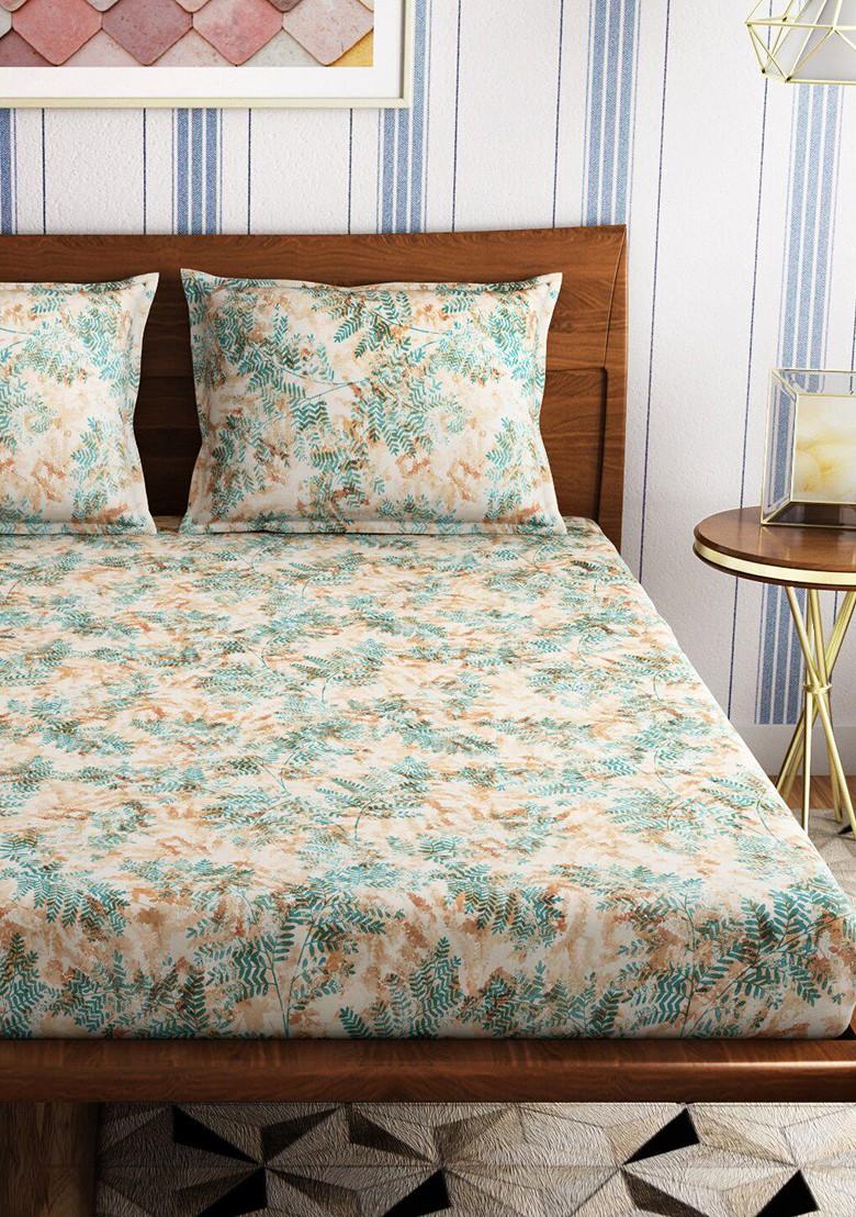 Orange And Green Floral 300 Tc Queen Bedsheet With 2 Pillow Covers
