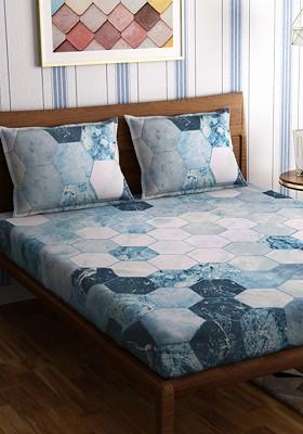 Hexagon Blue 300 Tc Queen Bedsheet With 2 Pillow Covers