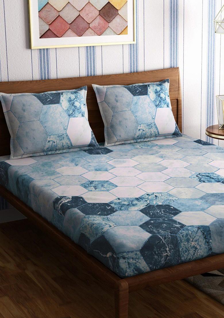 Hexagon Blue 300 Tc Queen Bedsheet With 2 Pillow Covers