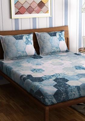 Blue Hexagon 300 Tc King Bedsheet With 2 Pillow Covers