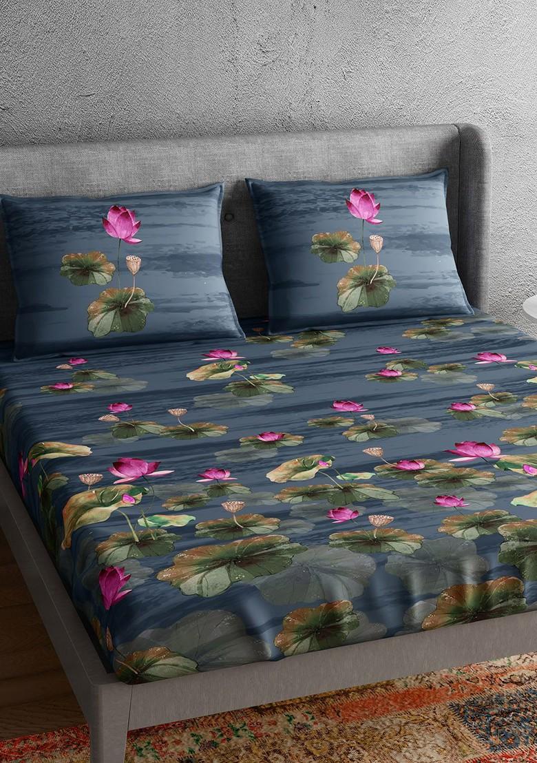 Blue And Pink Floral 300 Tc Cotton 1 King Bedsheet With 2 Pillow Covers