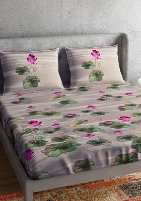 Beige And Green Floral 300 Tc Cotton 1 King Bedsheet With 2 Pillow Covers