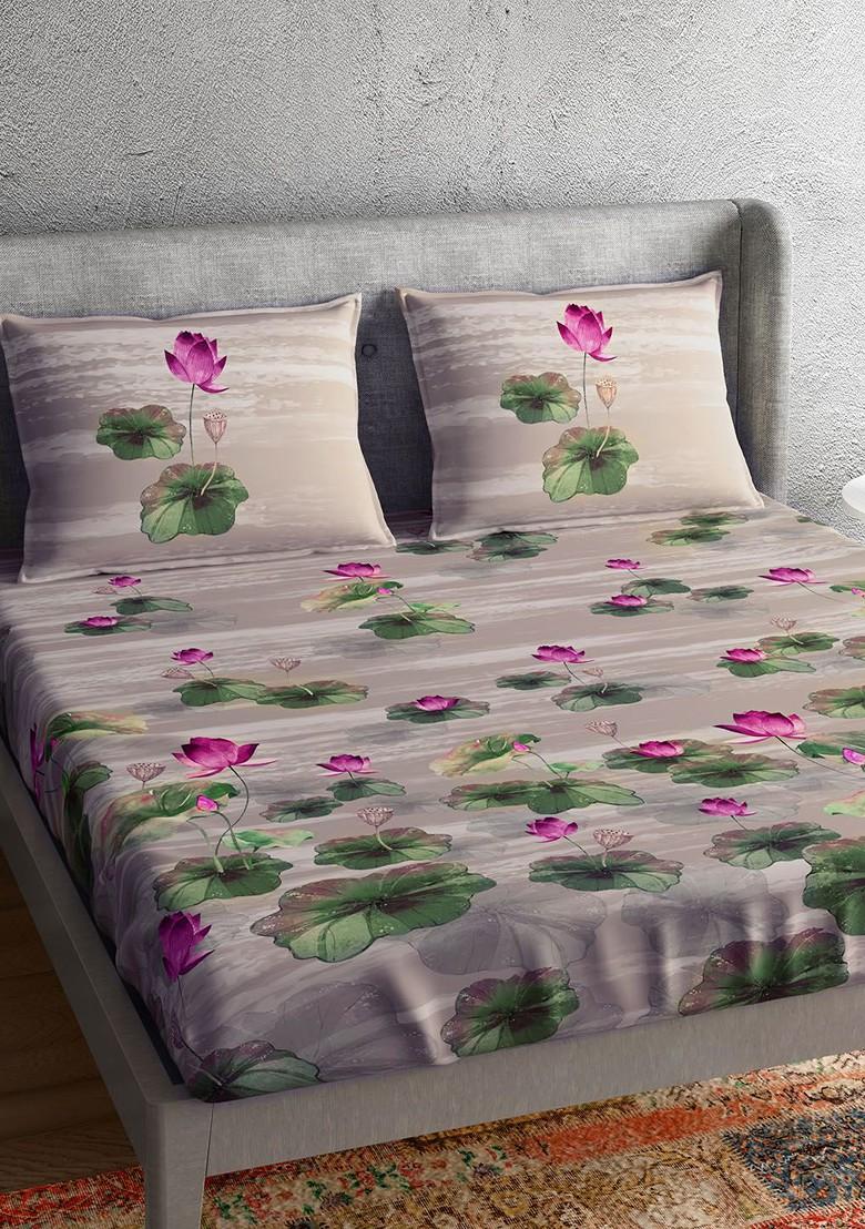 Beige And Green Floral 300 Tc Cotton 1 King Bedsheet With 2 Pillow Covers
