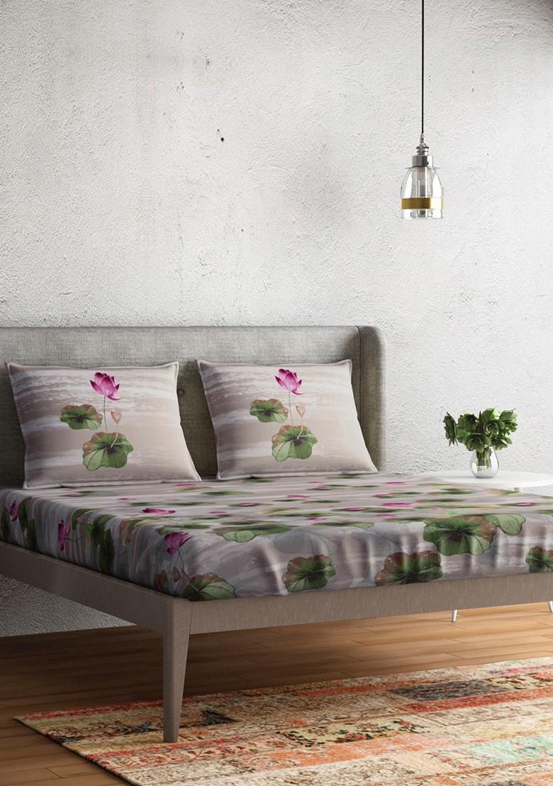 Beige And Green Floral 300 Tc Cotton 1 King Bedsheet With 2 Pillow Covers