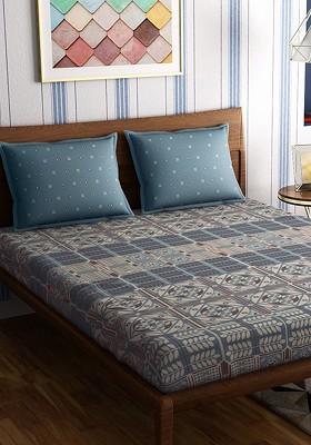 Blue And Brown Ethnic Motifs 300 Tc Cotton King Bedsheet With 2 Pillow Covers