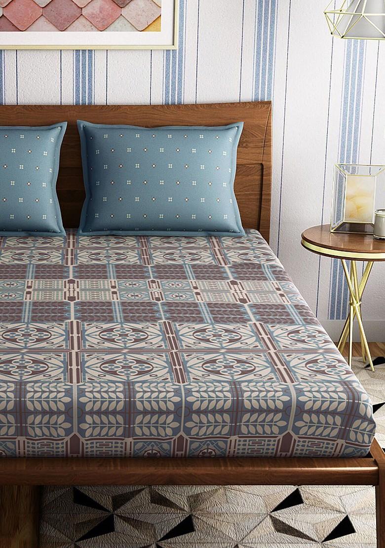 Blue And Brown Ethnic Motifs 300 Tc Cotton King Bedsheet With 2 Pillow Covers