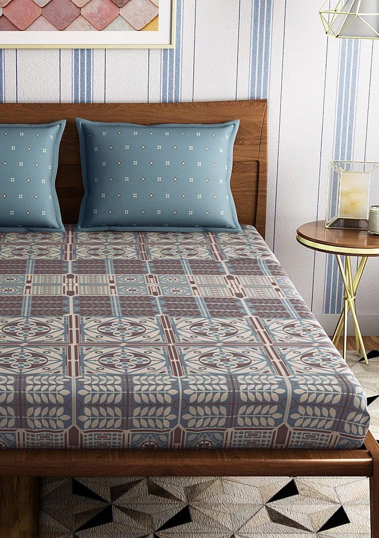 Blue Abstract 300 Tc Double King Bedsheet With 2 Pillow Covers