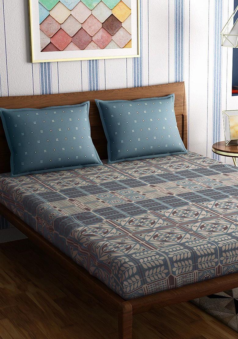 Blue Abstract 300 Tc Double King Bedsheet With 2 Pillow Covers
