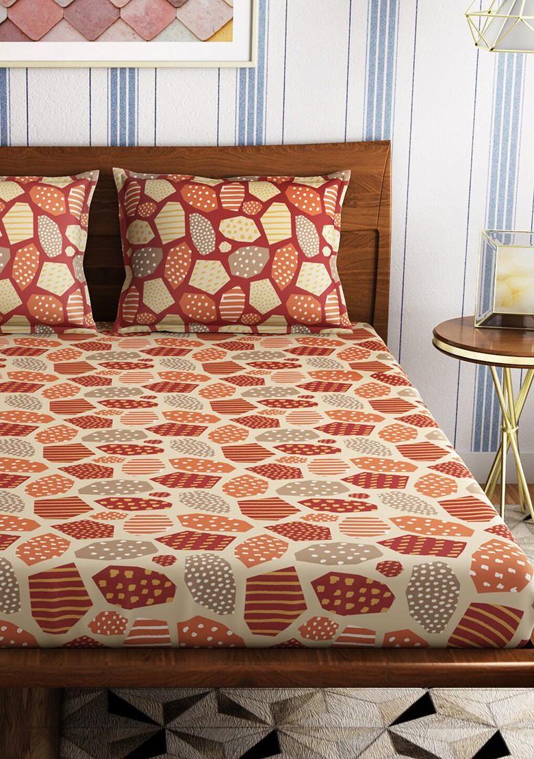 Burgundy Geometric 300 Tc Cotton 1 Queen Bedsheet With 2 Pillow Covers