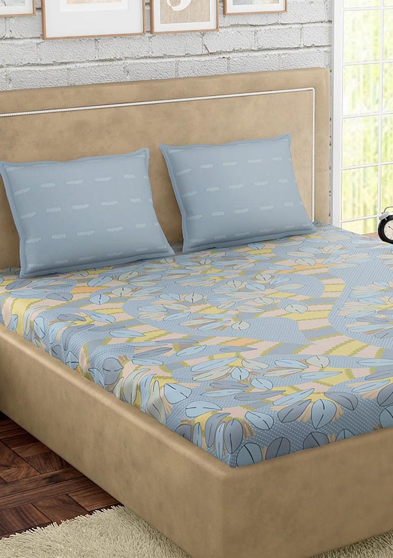 Blue And Yellow Floral Printed 300 Tc 1 King Bedsheet With 2 Pillow Covers