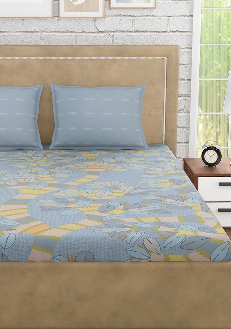 Blue And Yellow Floral Printed 300 Tc 1 King Bedsheet With 2 Pillow Covers