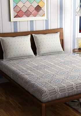 Grey And OffWhite Abstract 300 Tc Cotton 1 Queen Bedsheet With 2 Pillow Covers